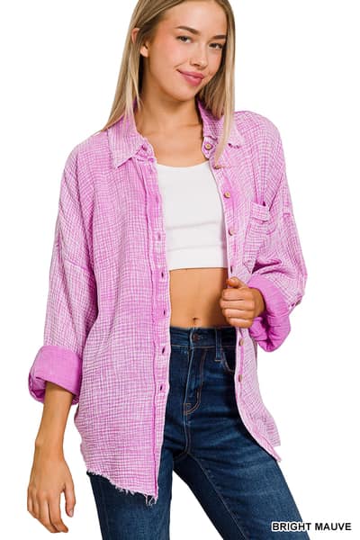 The PEONY - WASHED DOUBLE GAUZE BUTTON DOWN SHIRT- raw/distressed edges