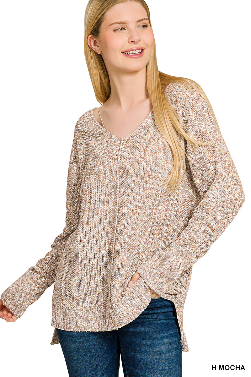V-neck center seam hi-low sweater