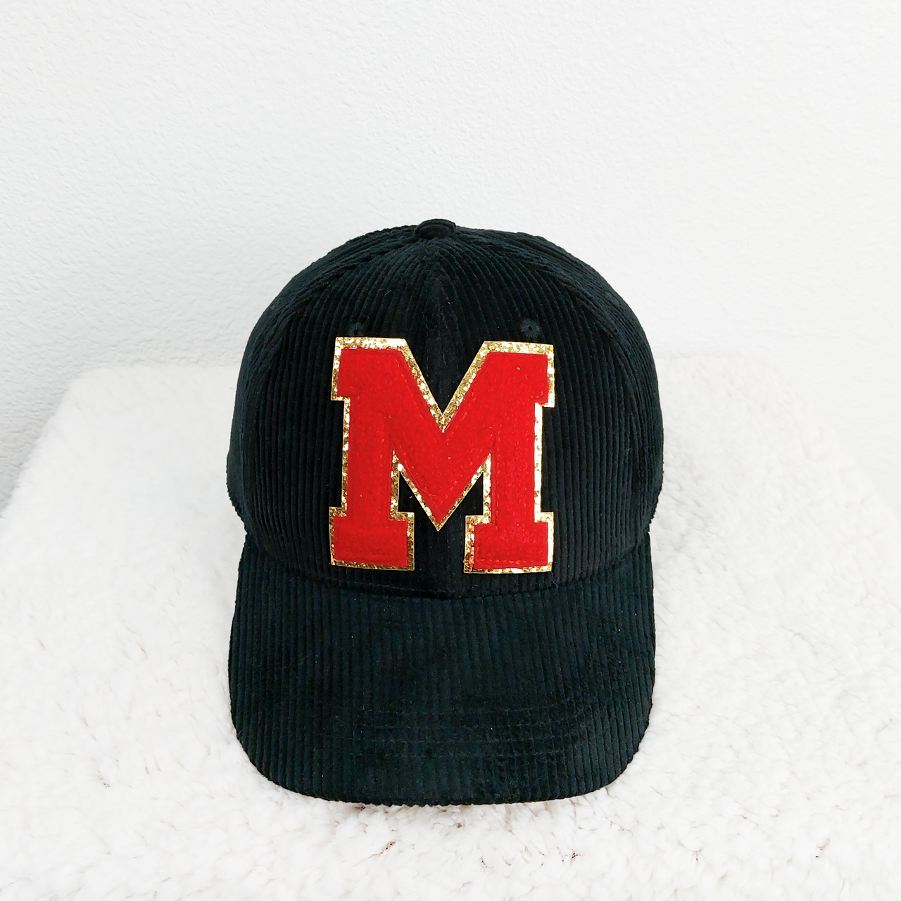 Black OR White Corduroy Hat With Red Chenille Initial Patch