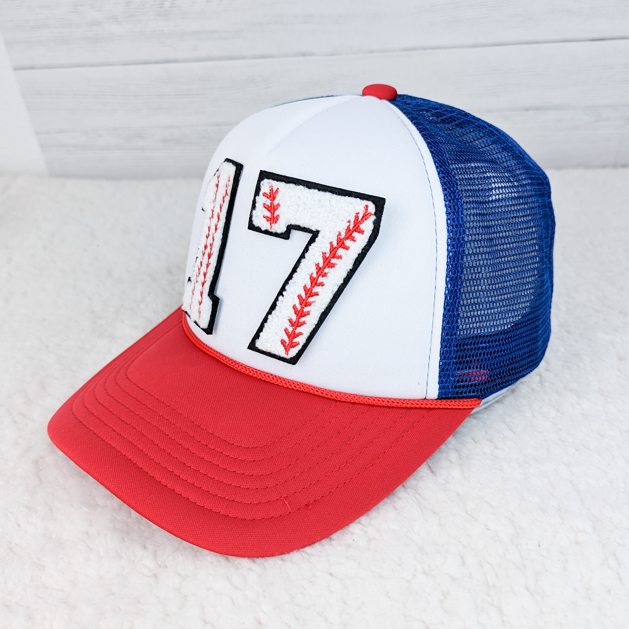 Custom Baseball Chenille Numbers Red & Blue Hat