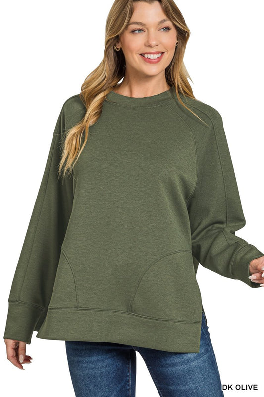 SCUBA ROUND NECK PULLOVER WITH SIDE SLITS - DK Olive