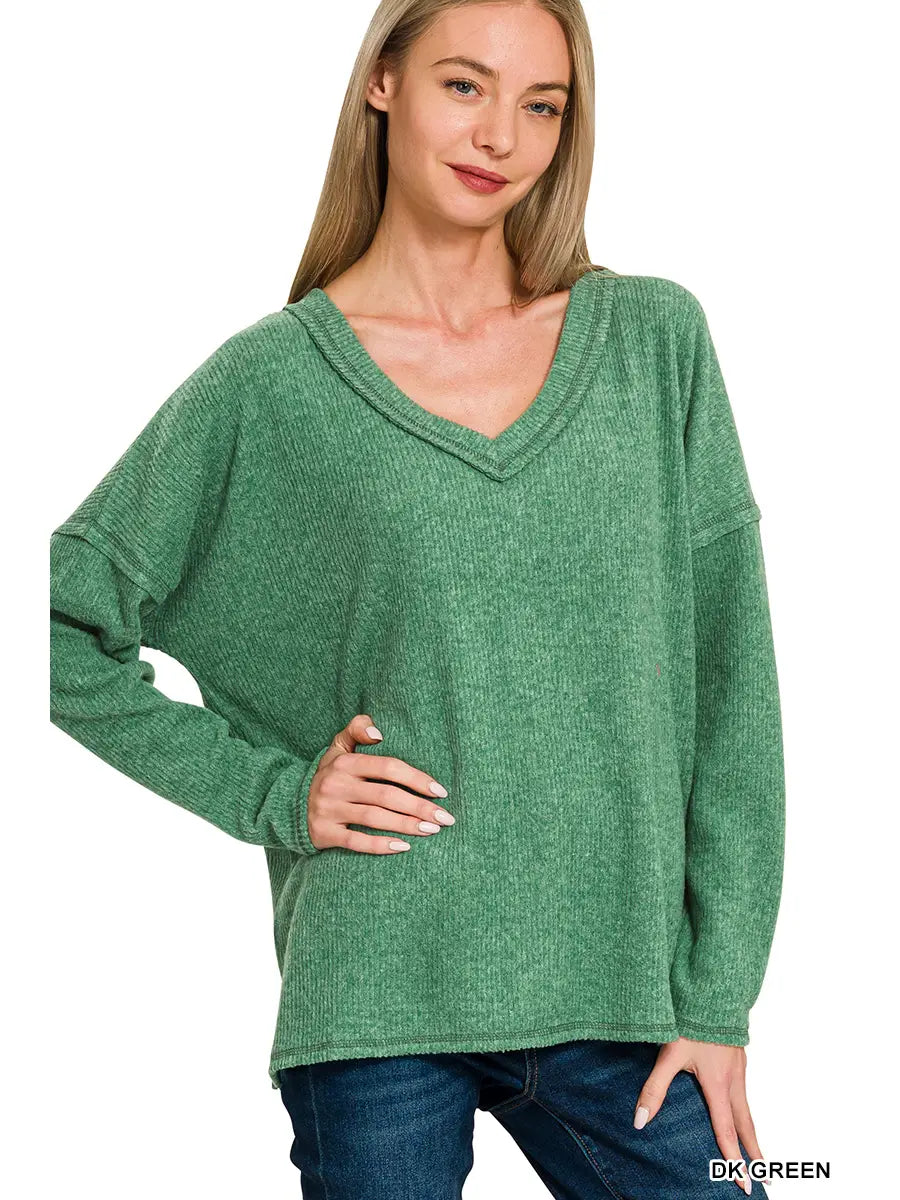 Ribbed V-neck Drop Shoulder Top - Green