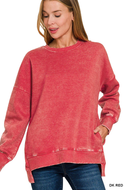 ACID WASH FLEECE HI-LOW HEM PULLOVER - Red