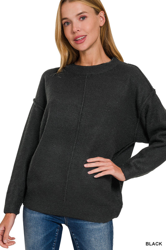 Melange Front Seam Round-Neck Sweater