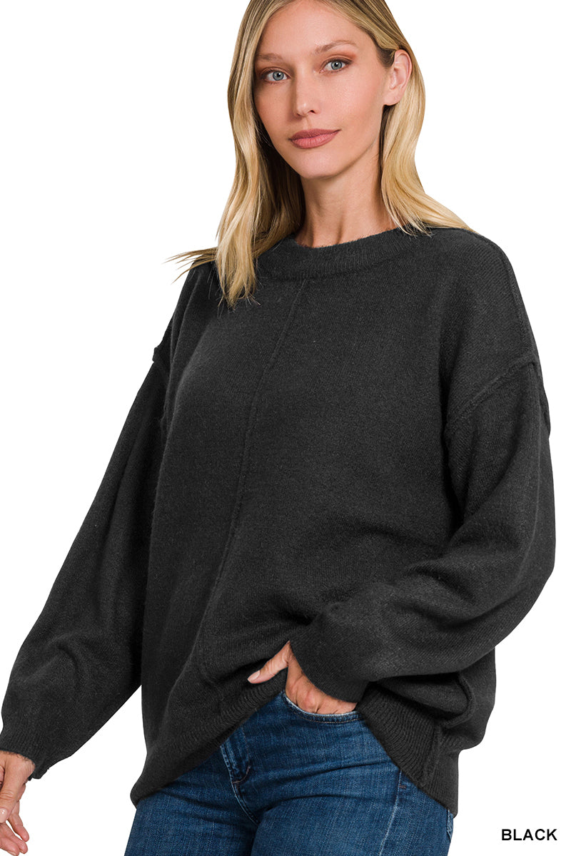 Melange Front Seam Round-Neck Sweater