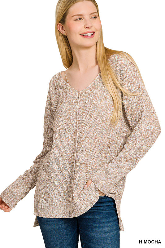 V-neck center seam hi-low sweater