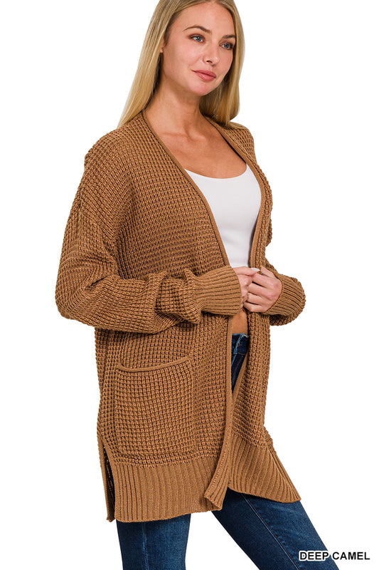 Low gauge waffle open cardigan sweater