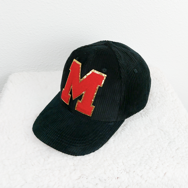 Black OR White Corduroy Hat With Red Chenille Initial Patch
