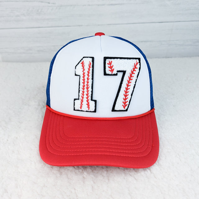 Custom Baseball Chenille Numbers Red & Blue Hat
