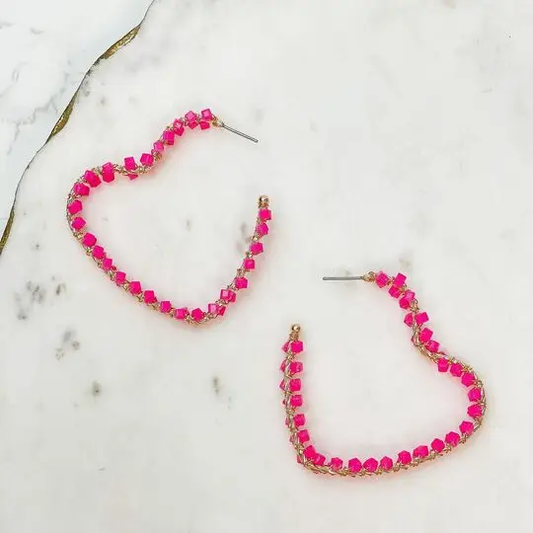 Hot Pink & Gold Double-Beaded Heart Hoops