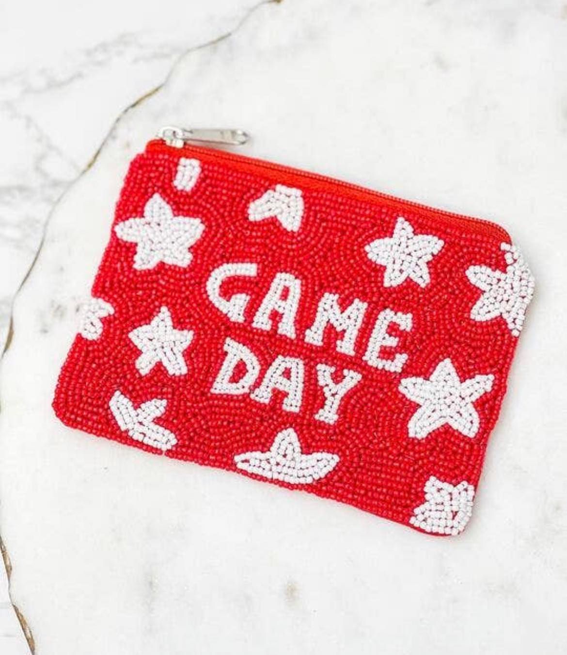 Star 'Game Day' Beaded Zip Pouches  Red and White